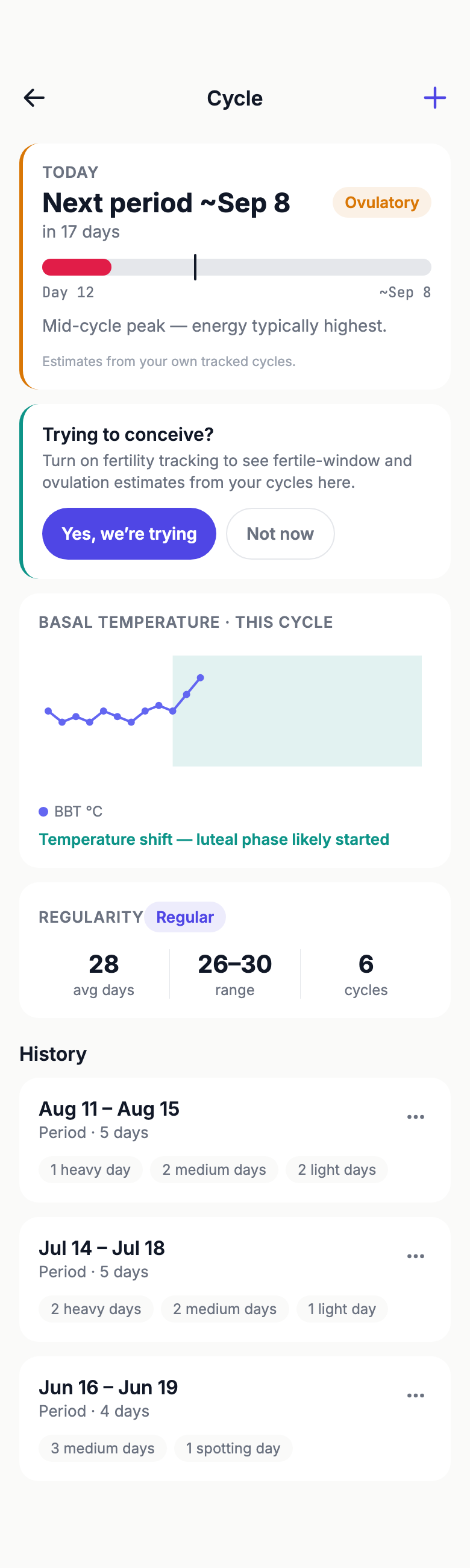 Kinosis cycle tracking screen — next period prediction, basal temperature chart, regularity, and period history
